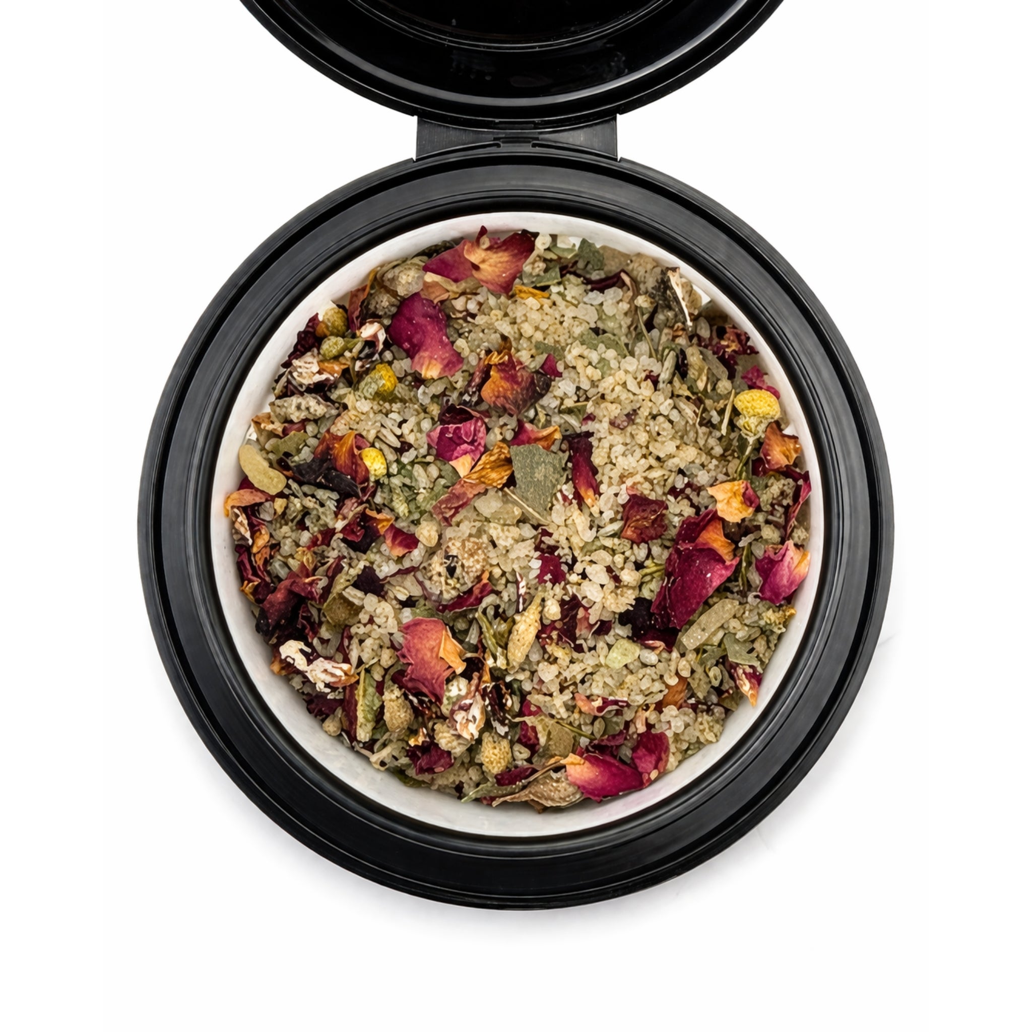 Close up of Elamore Exhale bath tea blend with mineral salts and calming botanicals