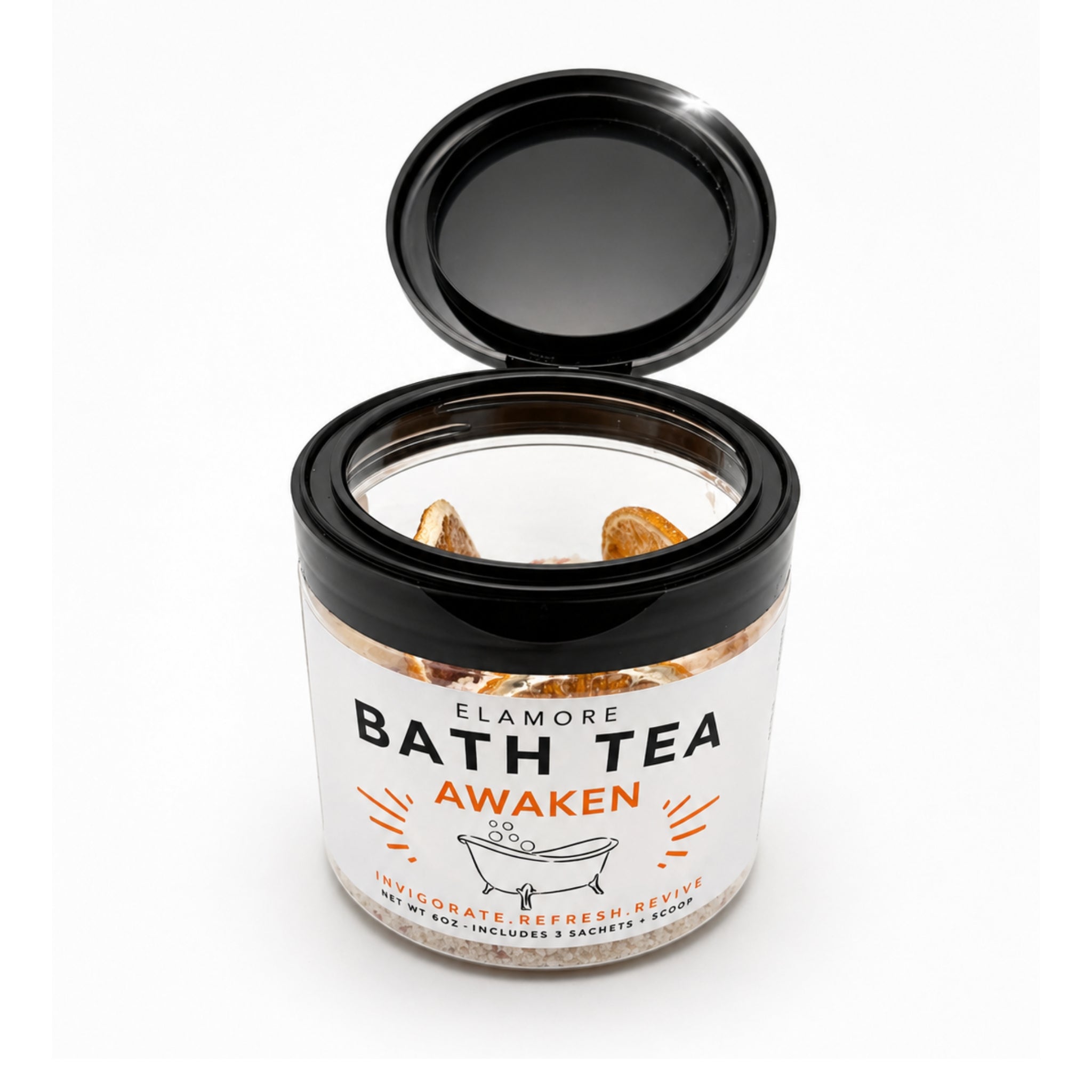 Close up of Elamore Awaken citrus bath tea blend with salts and botanicals