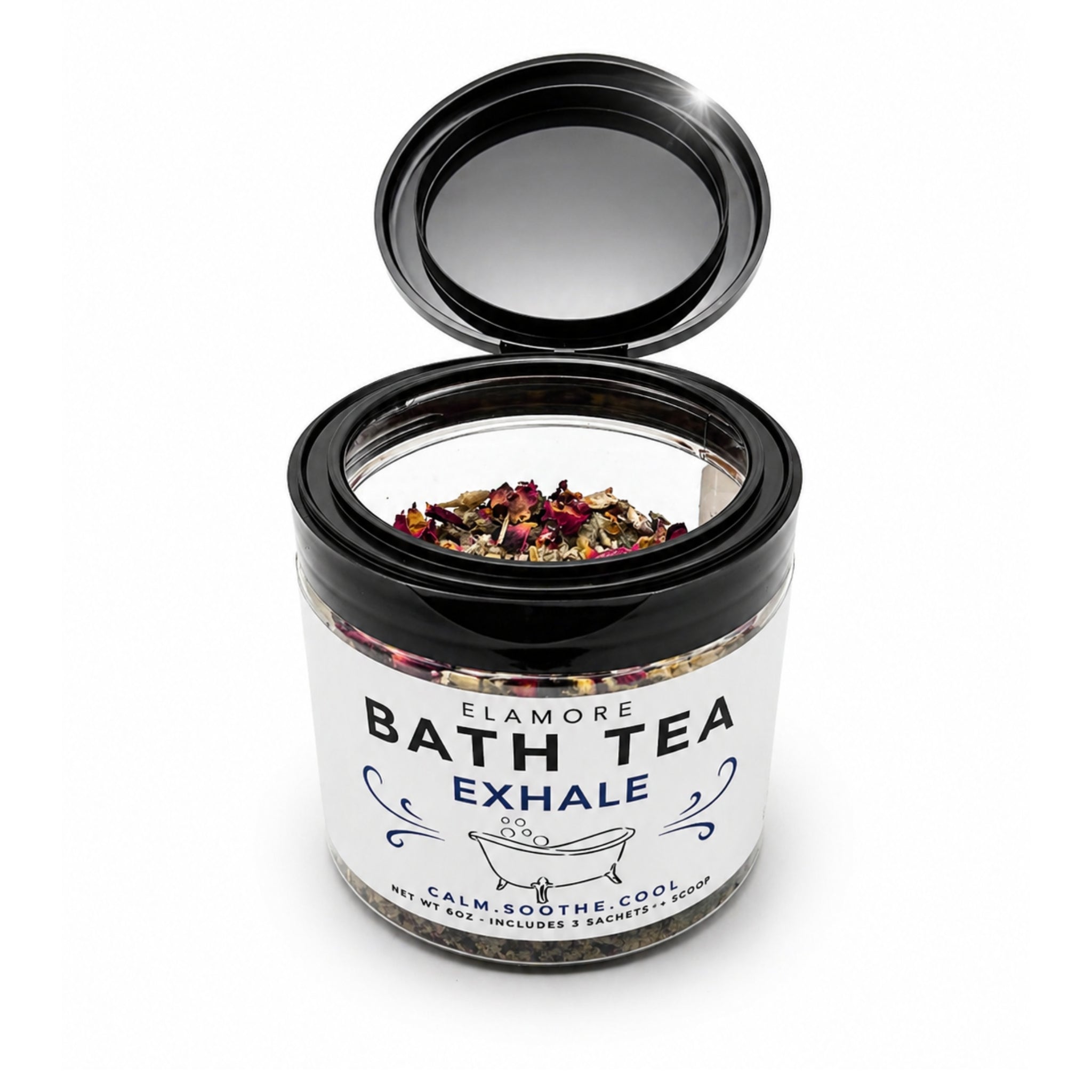 Open jar of Elamore Exhale bath tea showing natural calming soak blend