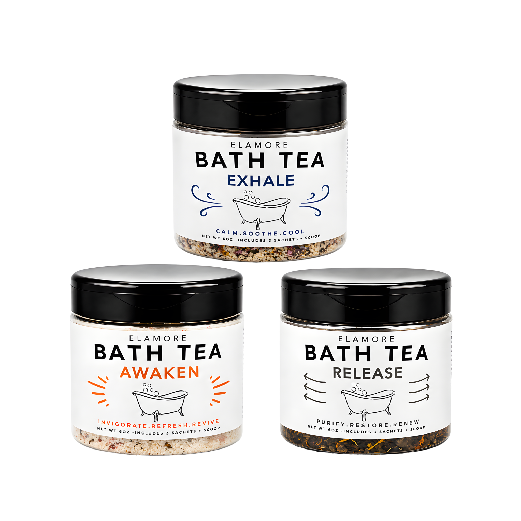 Elamore bath tea trio set with Exhale Awaken and Release luxury soak blends