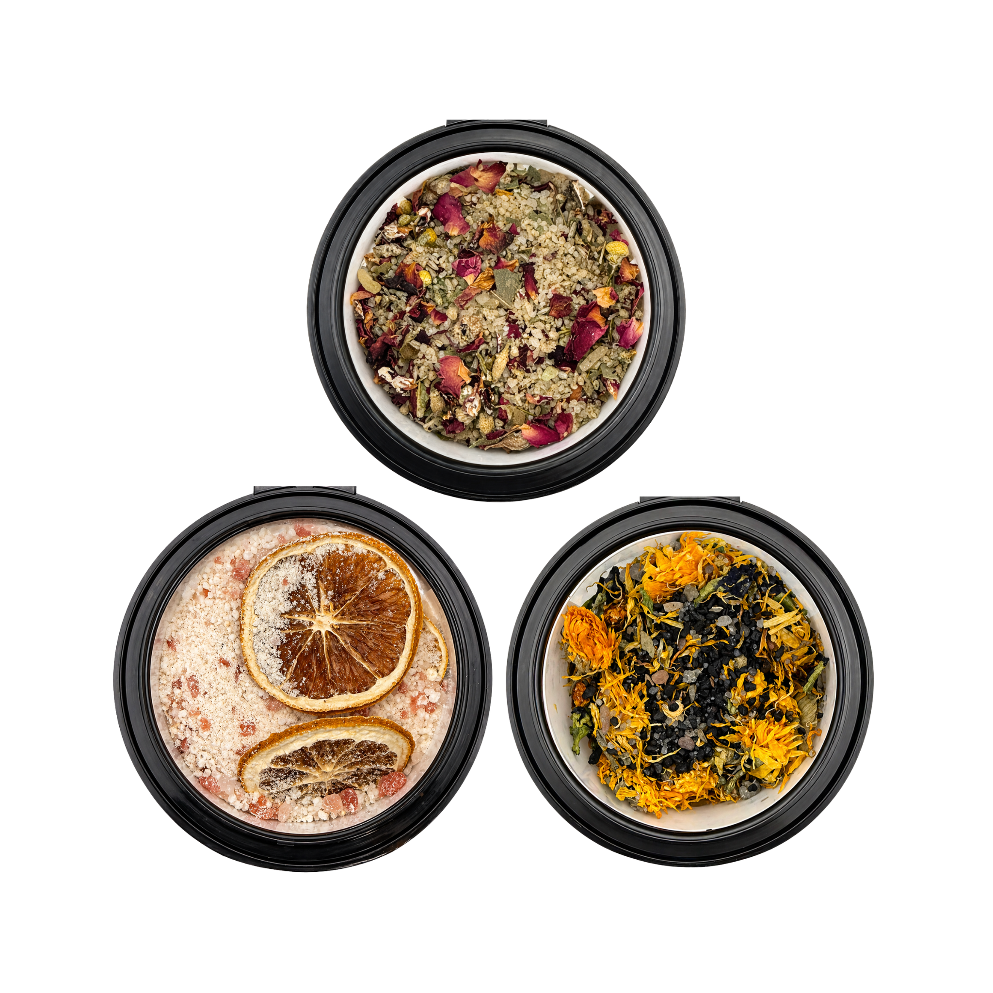 Open jars of Elamore bath tea trio showing natural botanical and mineral blends