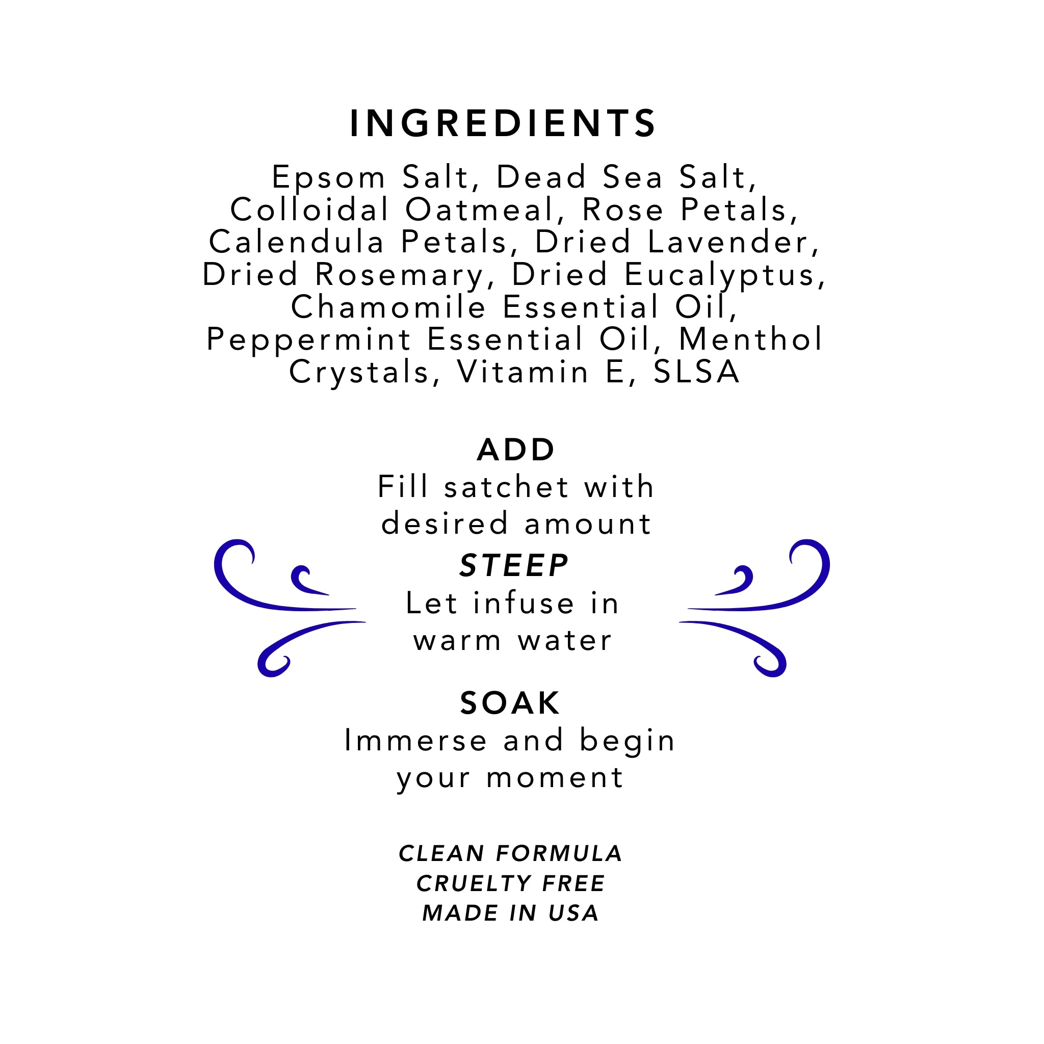 Natural ingredients in Elamore Exhale bath tea including salts and calming botanicals