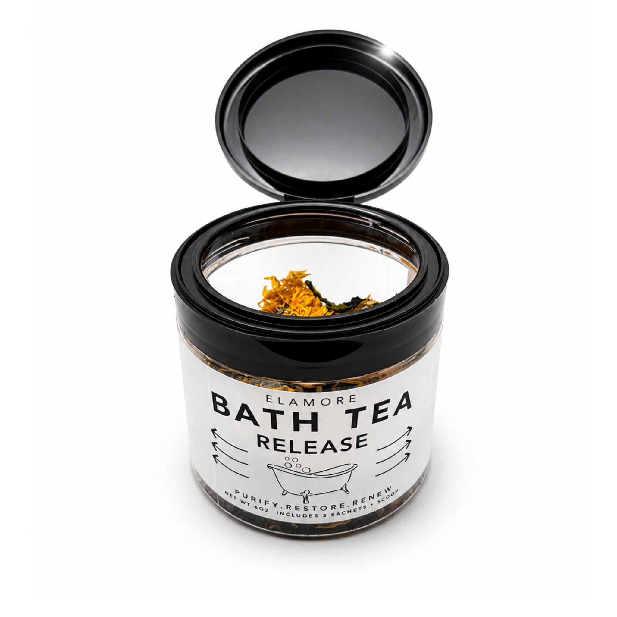 Open jar of Elamore Release bath tea showing detox mineral soak blend